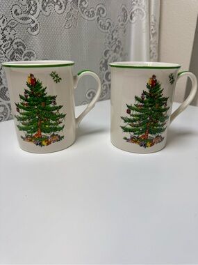 Spode White Mugs with Green Christmas Tree and Green Trim - Set of 2